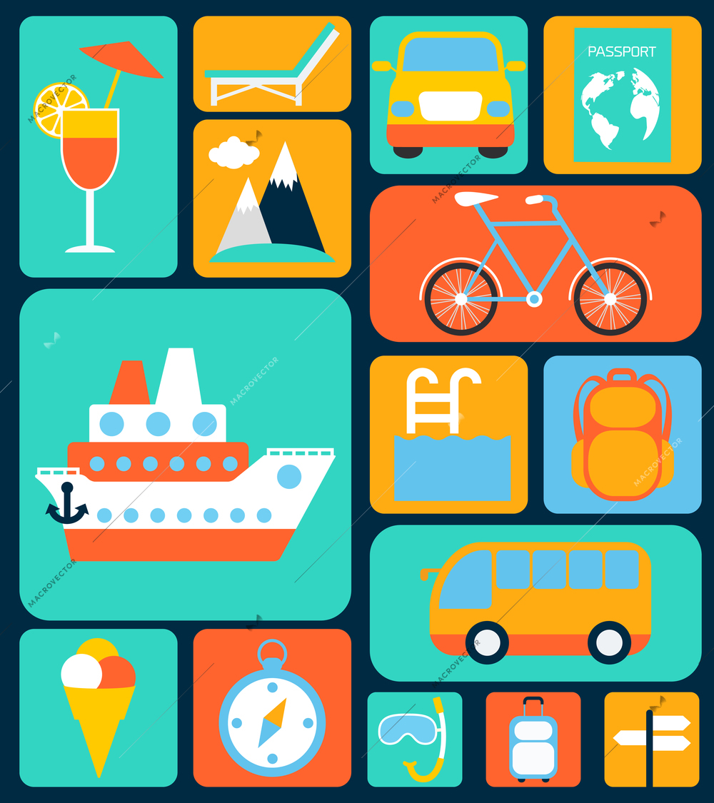 Travel tourism holiday vacation flat decorative icons set isolated vector illustration