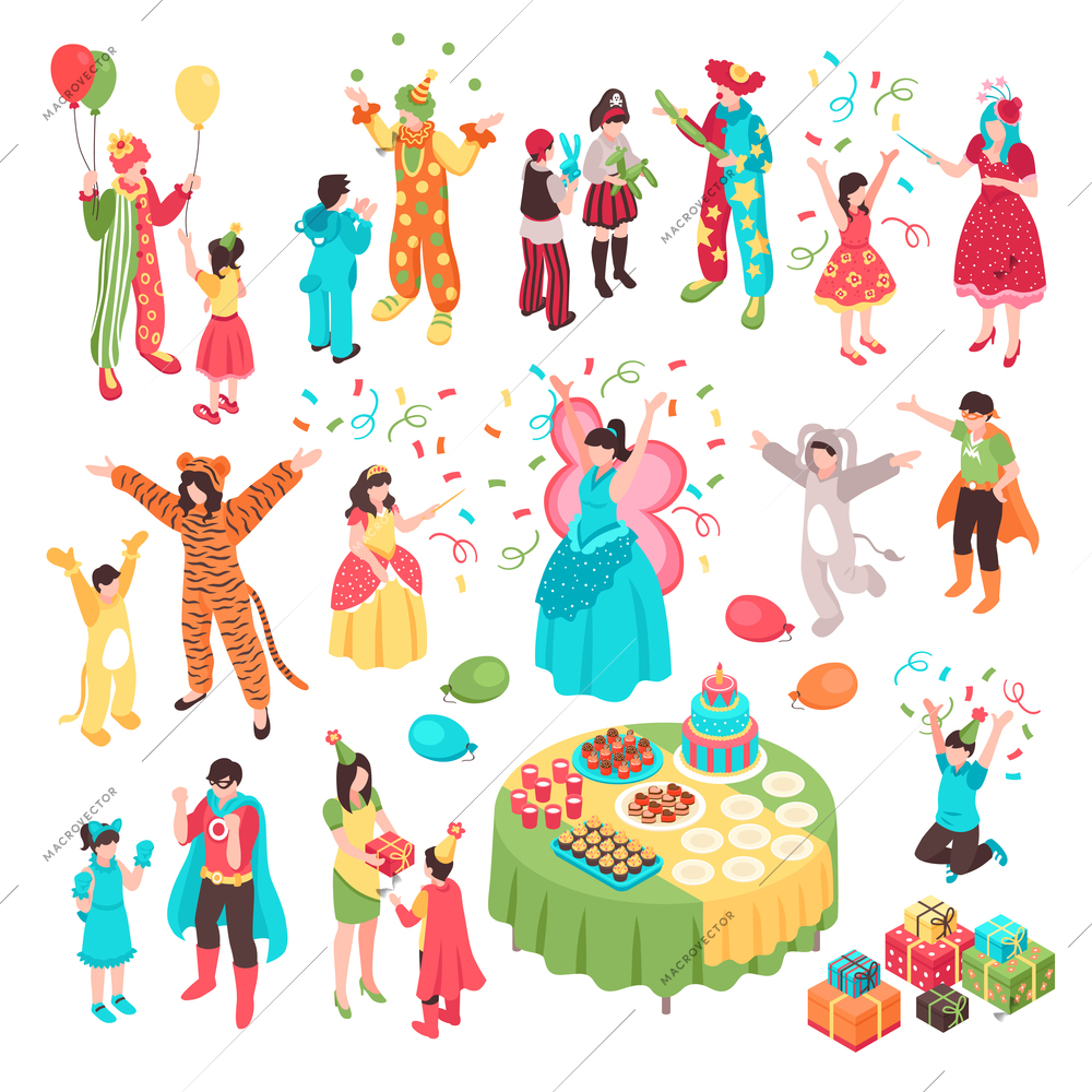 Isometric kids animator holiday party set with isolated human characters adult entertainers in costumes and children vector illustration