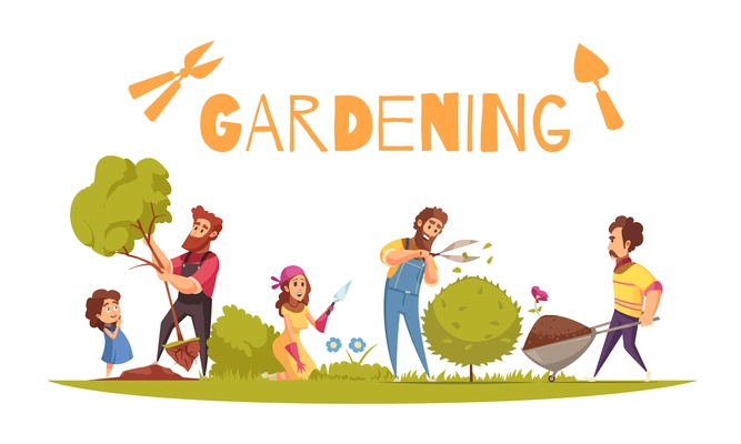 Horticulture cartoon composition adults and kid during various farming activity on white background vector illustration