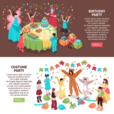 Isometric kids animator horizontal banners set with children characters and entertainers in festive costumes with text vector illustration