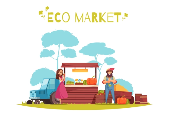Human characters and harvest of horticulture at eco market cartoon composition on blue white background vector illustration