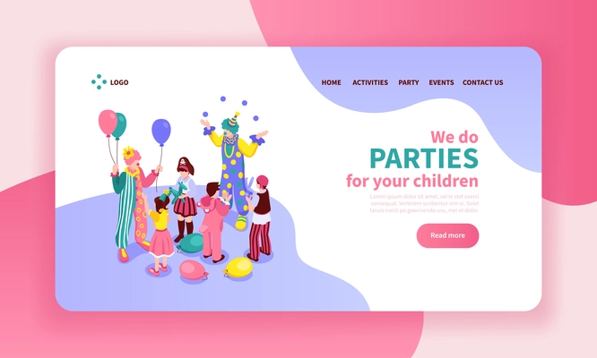 Isometric kids animator color website page design composition with clickable buttons links and images of entertainers vector illustration