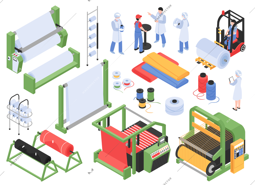 Set of isometric textile factory production isolated images with industrial machinery storage facilities and personnel characters vector illustration