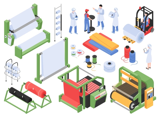 Set of isometric textile factory production isolated images with industrial machinery storage facilities and personnel characters vector illustration