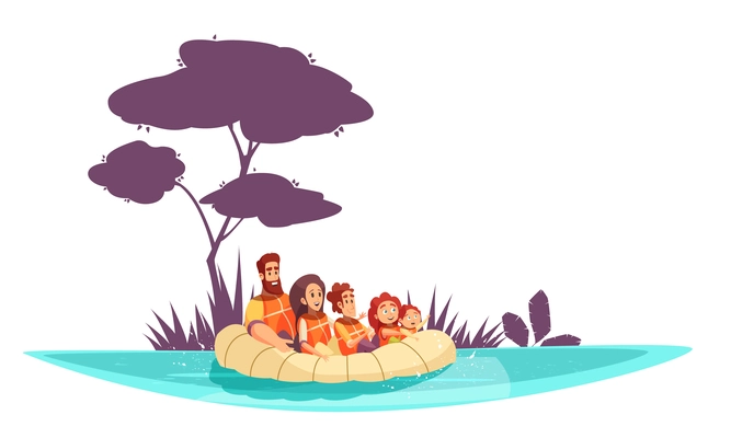 Family active holidays parents and kids in life jackets on inflatable raft cartoon vector illustration