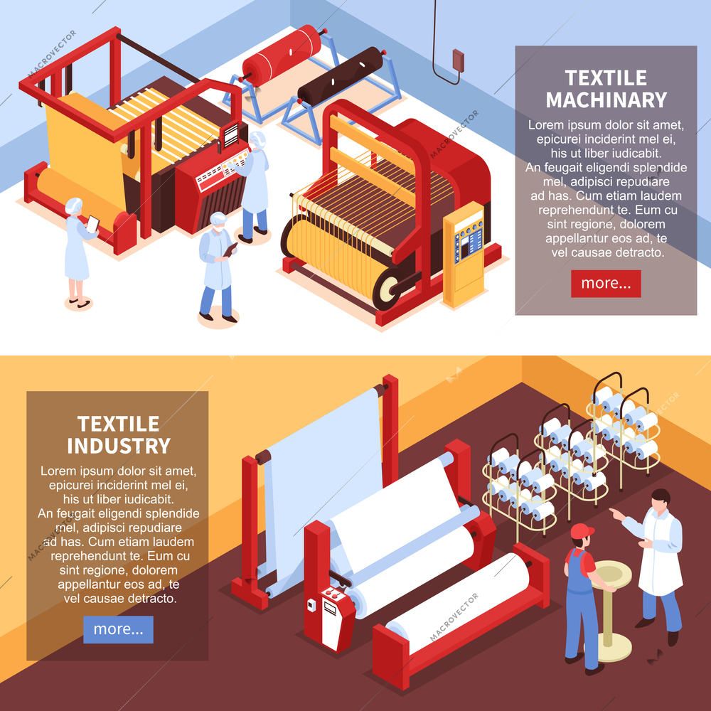 Set of two horizontal isometric textile industry banners with factory facilities machinery and workers in uniform vector illustration