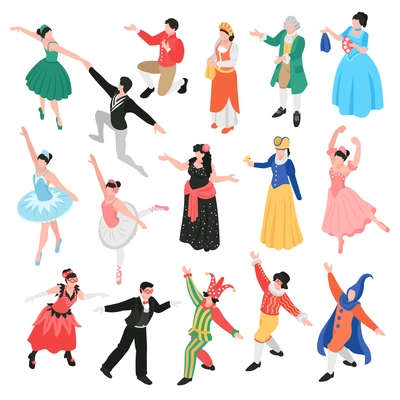 Isometric opera ballet theatre set with isolated human characters of theatrical actors and dancers in costumes vector illustration