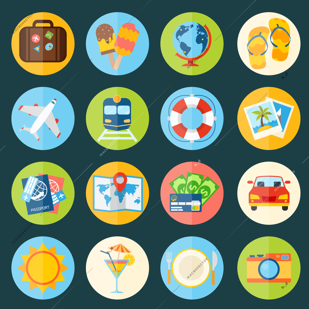 Travel holiday vacation icons set of suitcase globe icecream isolated vector illustration