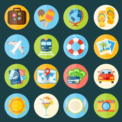 Travel holiday vacation icons set of suitcase globe icecream isolated vector illustration