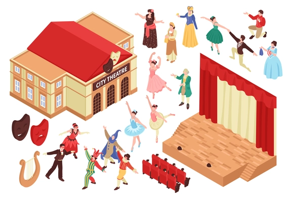 Isometric opera theatre set with isolated images of theater building stage seats and characters of entertainers vector illustration