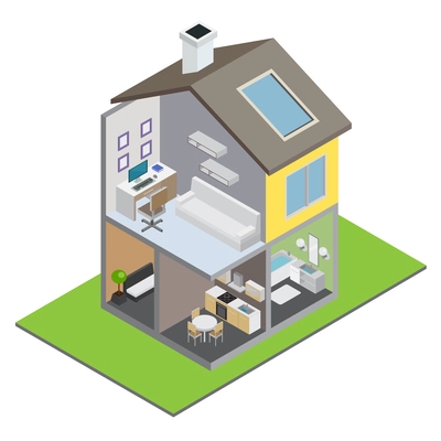 Townhouse building with town house interior and furniture isometric vector illustration