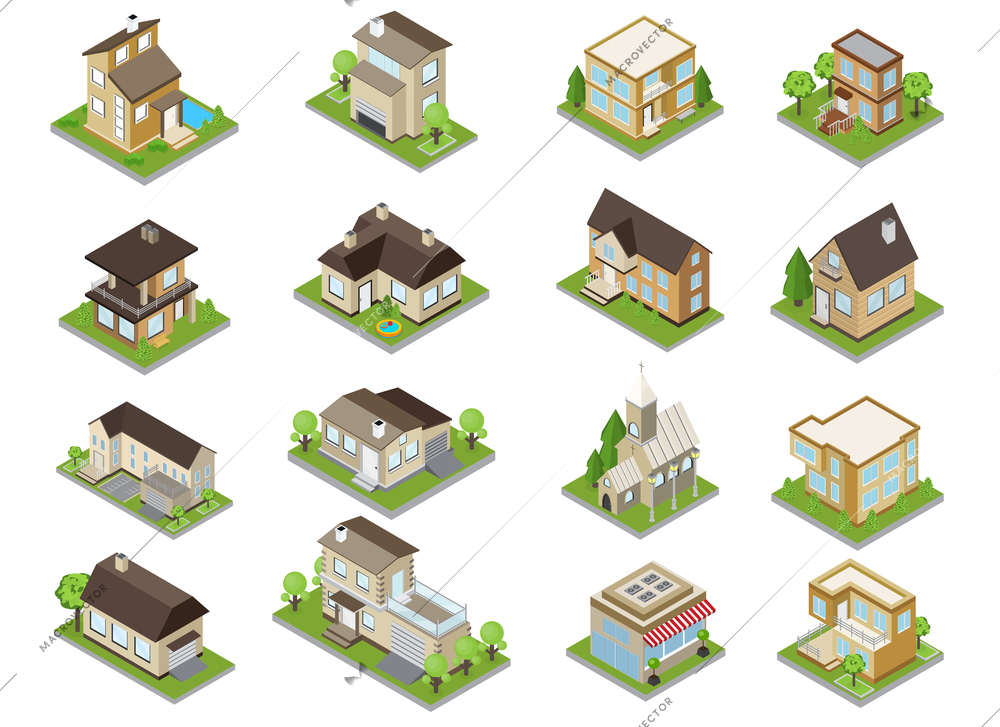 Suburbia buildings icons set with townhouses and church isometric isolated vector illustration