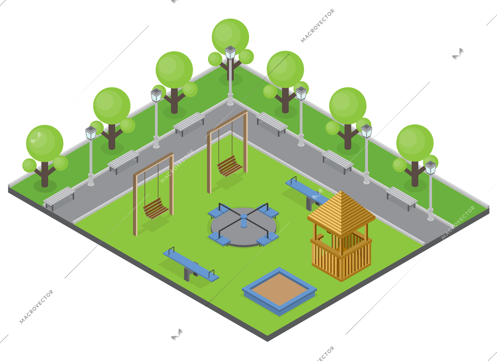 Suburbia park concept with trees benches and playground isometric vector illustration