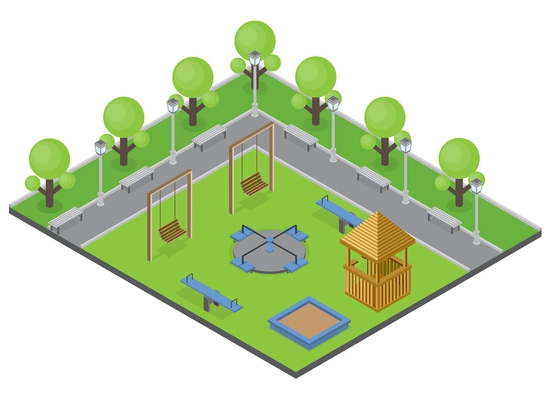 Suburbia park concept with trees benches and playground isometric vector illustration