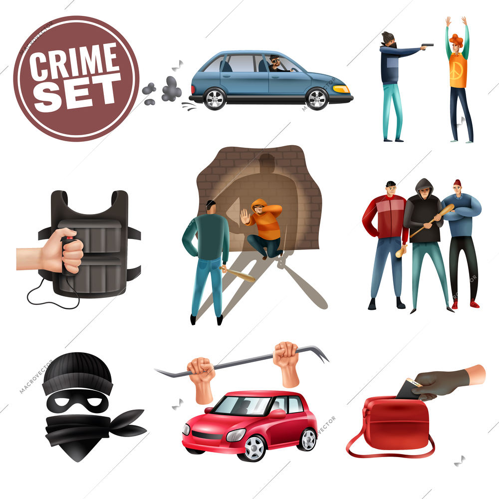 Social crime violence aggression colorful icons set with car theft threatening weapon intimidation robbery isolated vector illustration