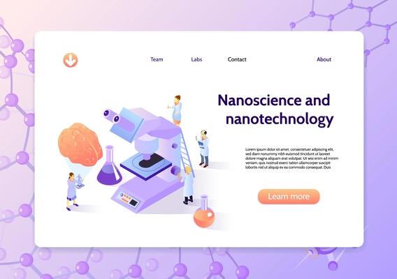 Horizontal isometric nanotechnology concept banner with nanoscience and nanotechnology headline and learn more button vector illustration