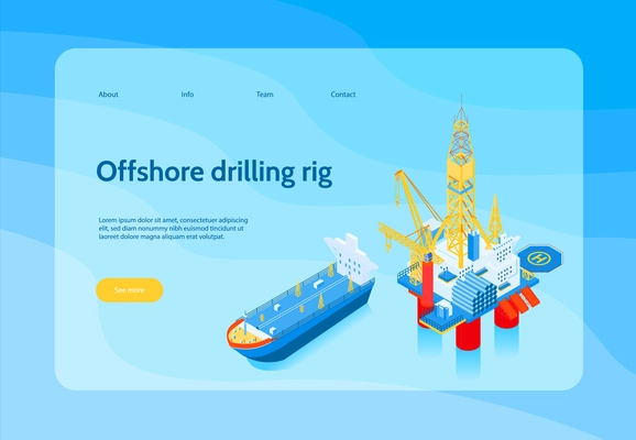 Horizontal isometric oil industry concept banner with offshore drilling rig headline and yellow see more button vector illustration