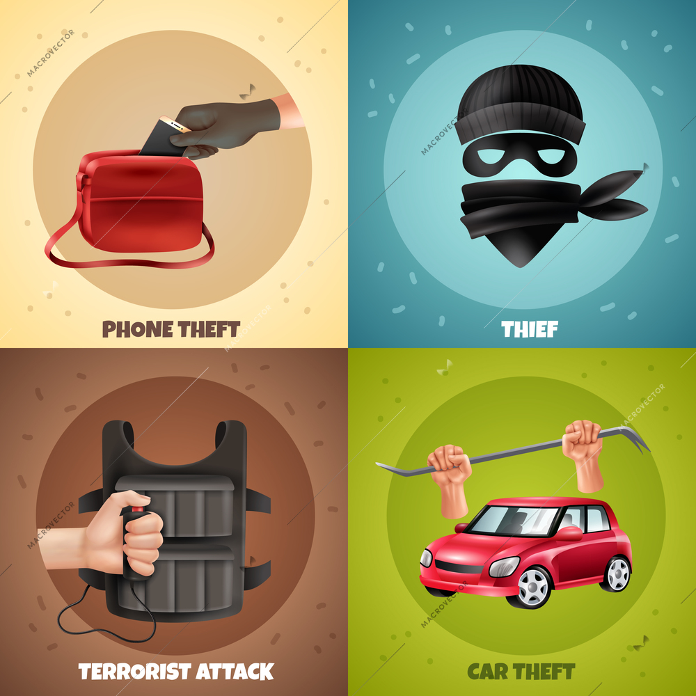 Social crime concept 4 colorful backgrounds icons square design with terrorist attack robbery theft symbols vector illustration