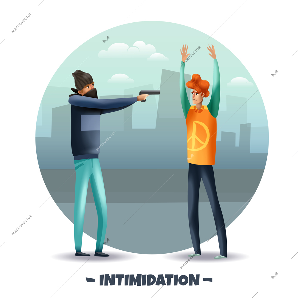 Violent aggressive behavior intimidation with weapon colorful round composition with criminal pointing pistol at man vector illustration