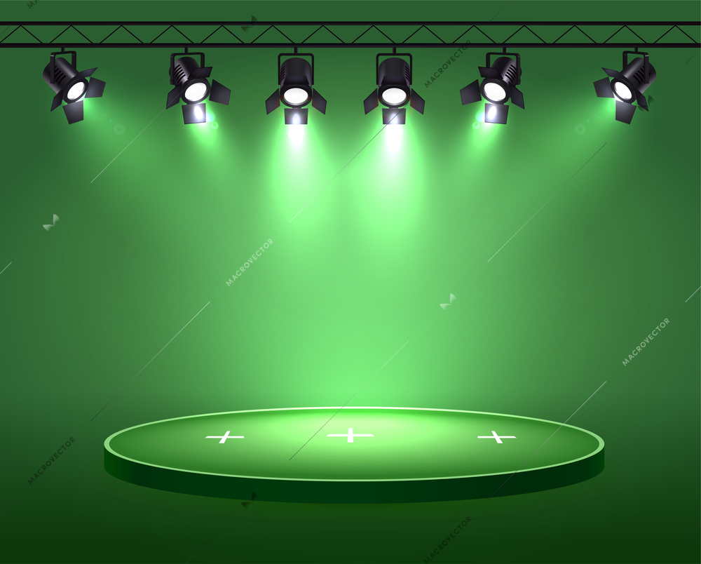 Spotlights realistic composition with set of six spot lights hanging on reel above the circle plot vector illustration