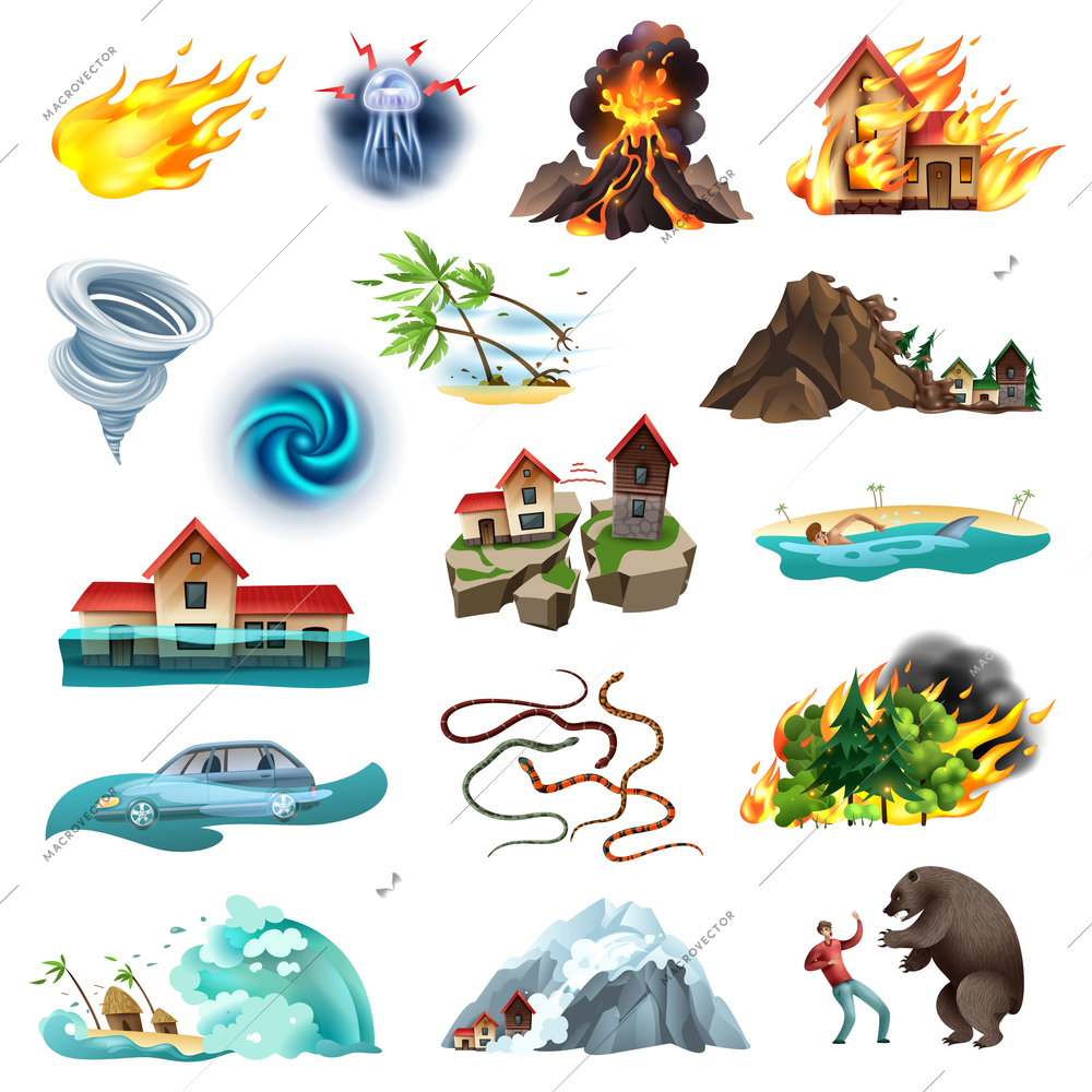 Natural disasters life threatening situation colorful icons collection with tornado forest fire flooding poisonous snakes vector illustration