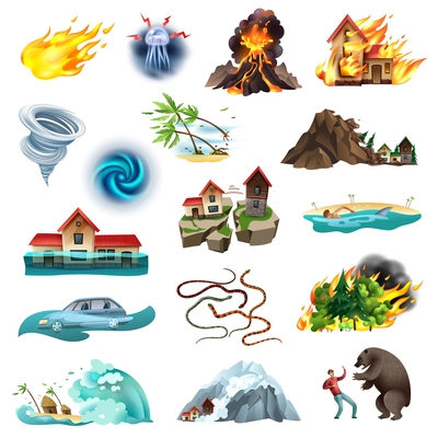 Natural disasters life threatening situation colorful icons collection with tornado forest fire flooding poisonous snakes vector illustration