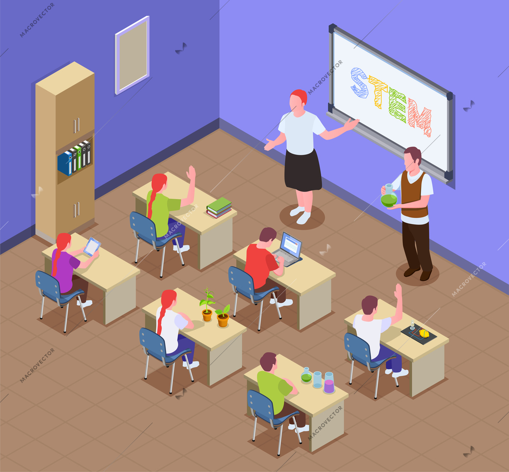 STEM education isometric composition with classroom indoor scenery and kids sitting at desks with teacher characters vector illustration