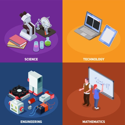 STEM education isometric composition with compositions of books computers elements of scientific equipment and human characters vector illustration