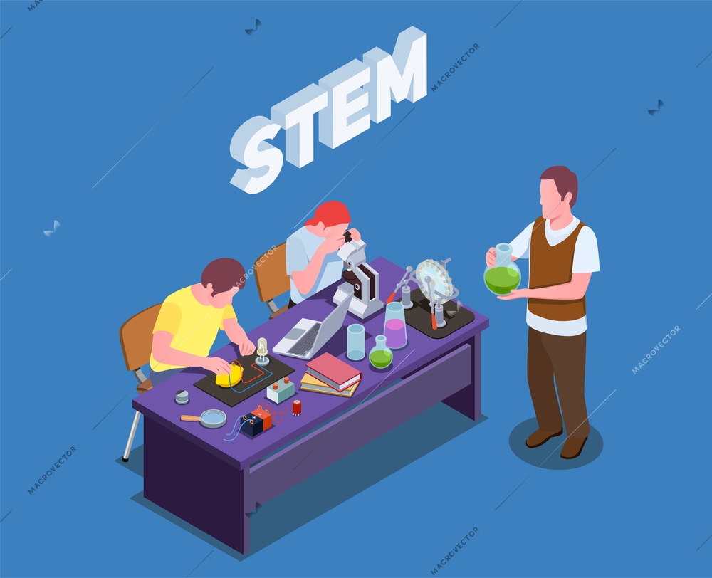 STEM education isometric composition with text and human characters of students and teacher performing laboratory studies vector illustration