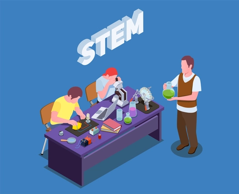 STEM education isometric composition with text and human characters of students and teacher performing laboratory studies vector illustration