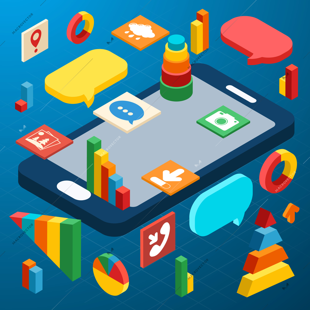 Isometric infographic business info elements icons set with smartphone vector illustration