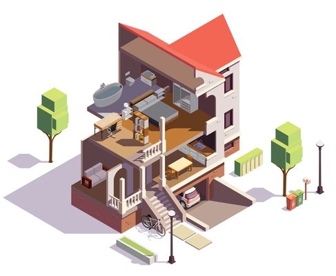 Suburbian buildings isometric composition with profile view of villa residential building with overview of living rooms vector illustration