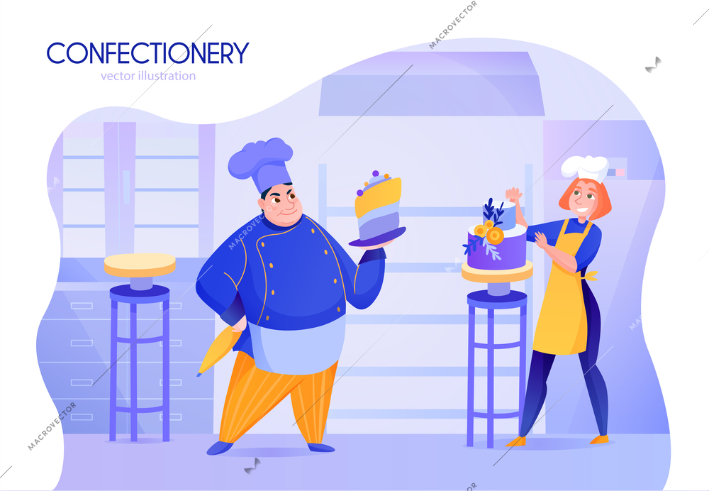 Two cooks confectioners in uniform decorating cakes cartoon vector illustration