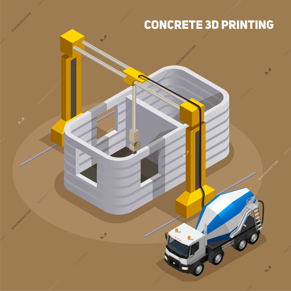 Concrete production isometric composition with view of 3d printed building under construction with cement mixing truck vector illustration