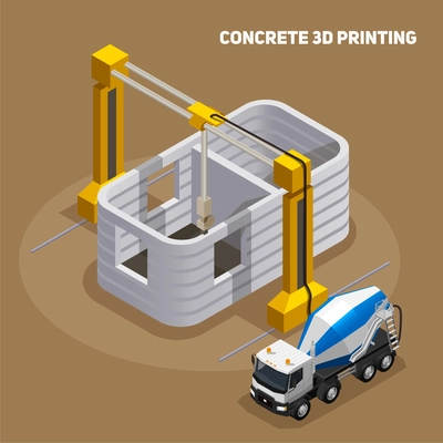 Concrete production isometric composition with view of 3d printed building under construction with cement mixing truck vector illustration