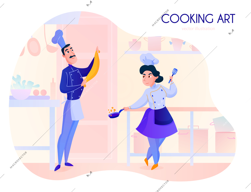 Two cooks working in restaurant kitchen cartoon vector illustration