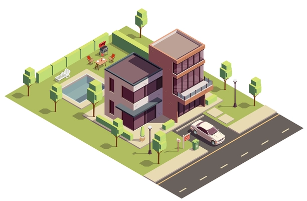 Suburbian buildings isometric composition with above view of private residential building with car and backyard pool vector illustration