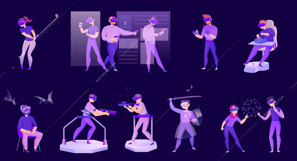 Cartoon set of icons with people wearing virtual reality glasses isolated on dark background vector illustration