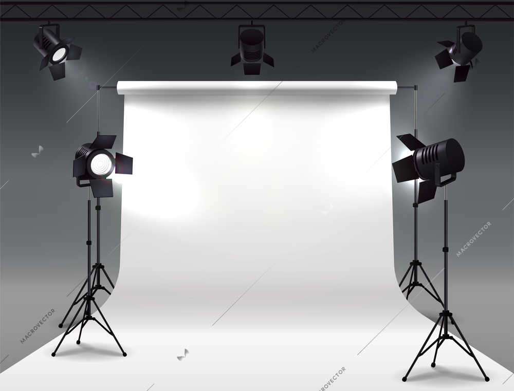 Spotlights realistic composition with cyclorama and studio spot lights hanging on reel and mounted on stands vector illustration