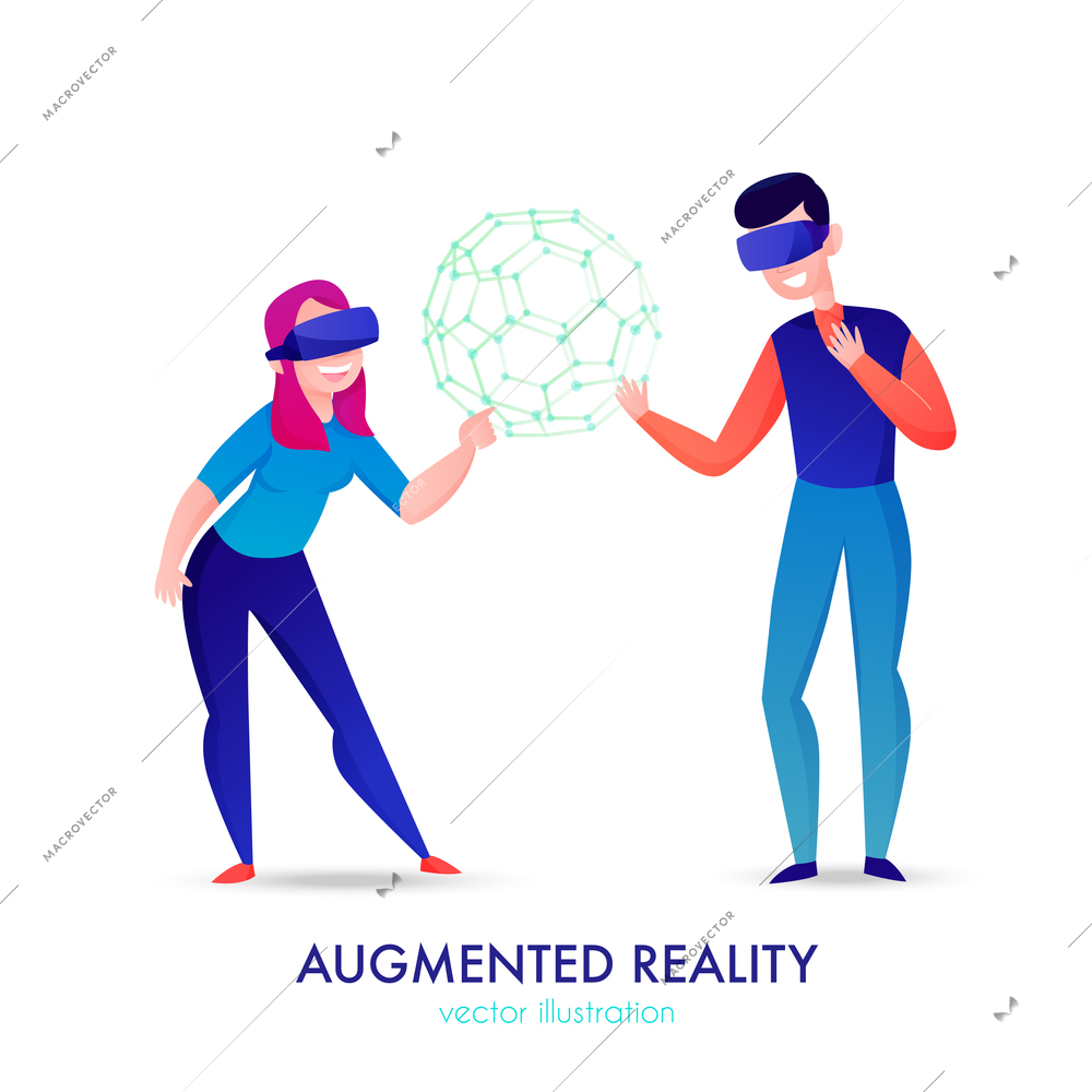 Two happy people wearing augmented reality glasses on white background cartoon vector illustration