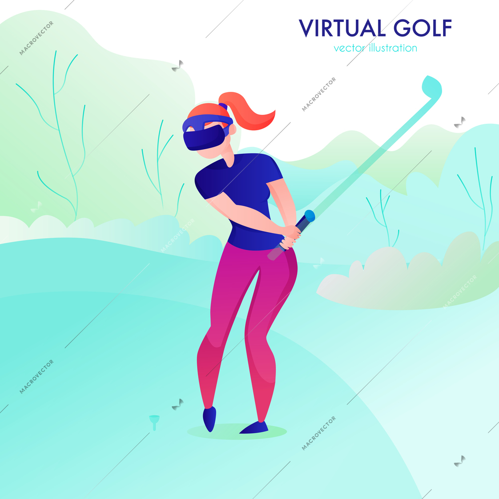 Woman playing virtual gold in augmented reality glasses cartoon vector illustration
