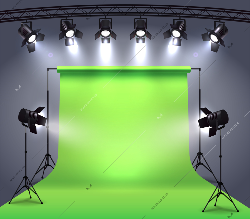 Spotlights realistic composition with photo shooting studio environment chroma key cyclorama surrounded by professional spot lights vector illustration