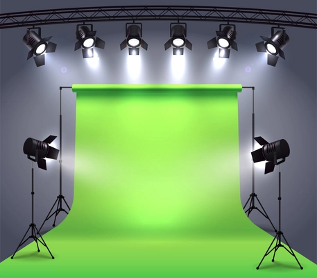 Spotlights realistic composition with photo shooting studio environment chroma key cyclorama surrounded by professional spot lights vector illustration