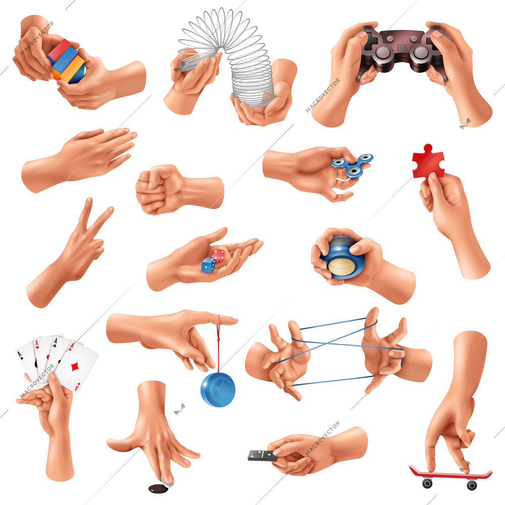 Big set of realistic icons with human hands playing different games isolated on white background vector illustration