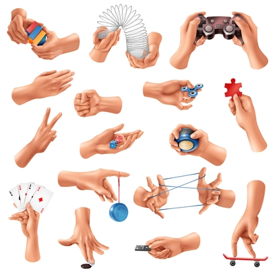 Big set of realistic icons with human hands playing different games isolated on white background vector illustration