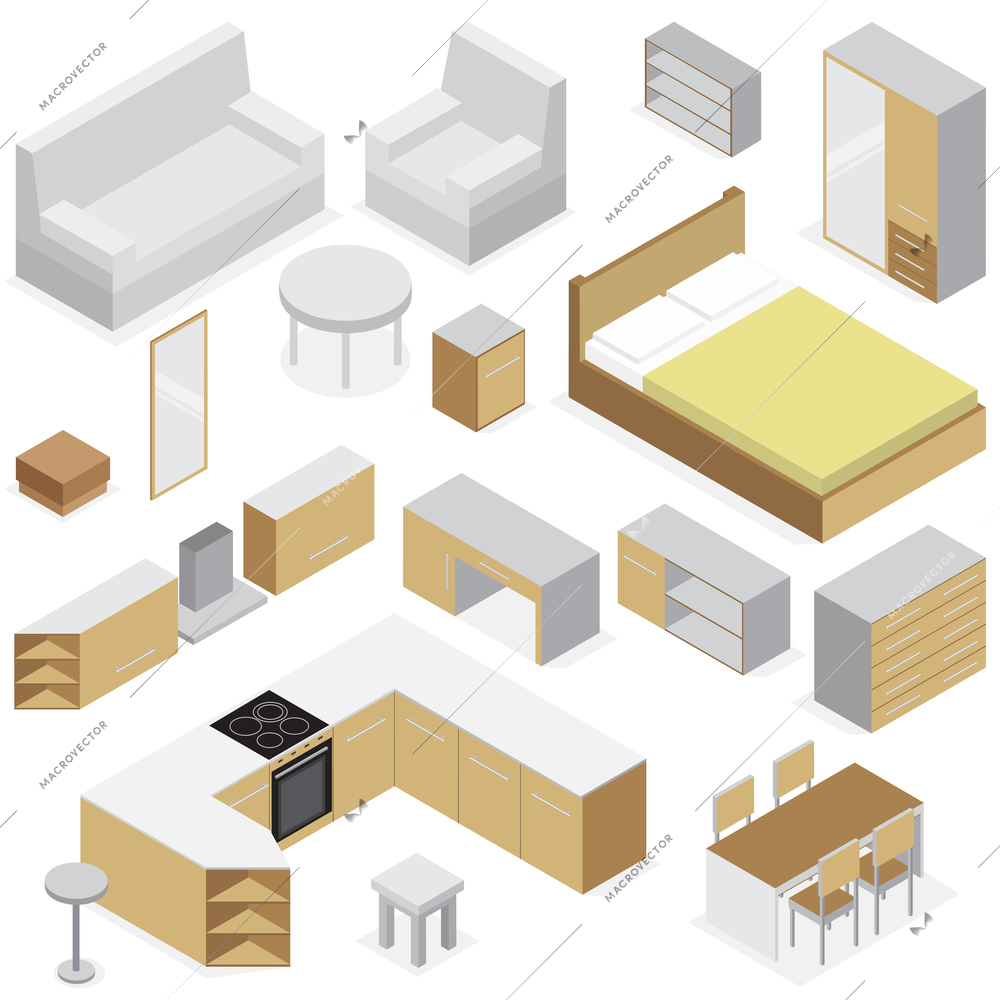 Home furniture isometric set of elements for kitchen bedroom and living room interior isolated vector illustration