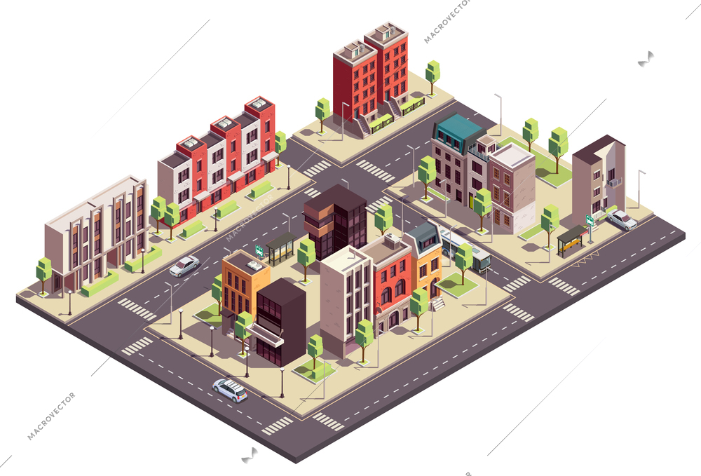 Townhouse buildings isometric composition with urban landscape and streets with city blocks living houses and cars vector illustration