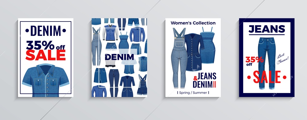 Set of advertising posters and banners with denim clothing on white background isolated vector illustration