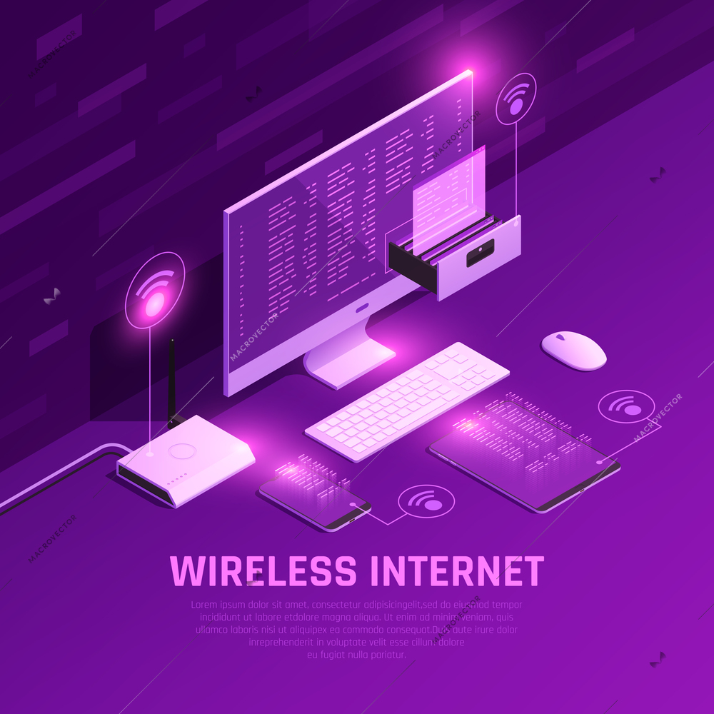 Wireless internet isometric glowing composition with router pc and mobile devices on purple background vector illustration