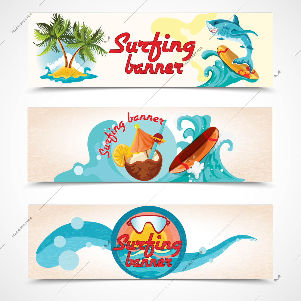 Surfing water sport tropical vacation banners set vector illustration.